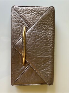 Zac Posen Metallic Soft Gold Leather Envelope Clutch with Gold Bar